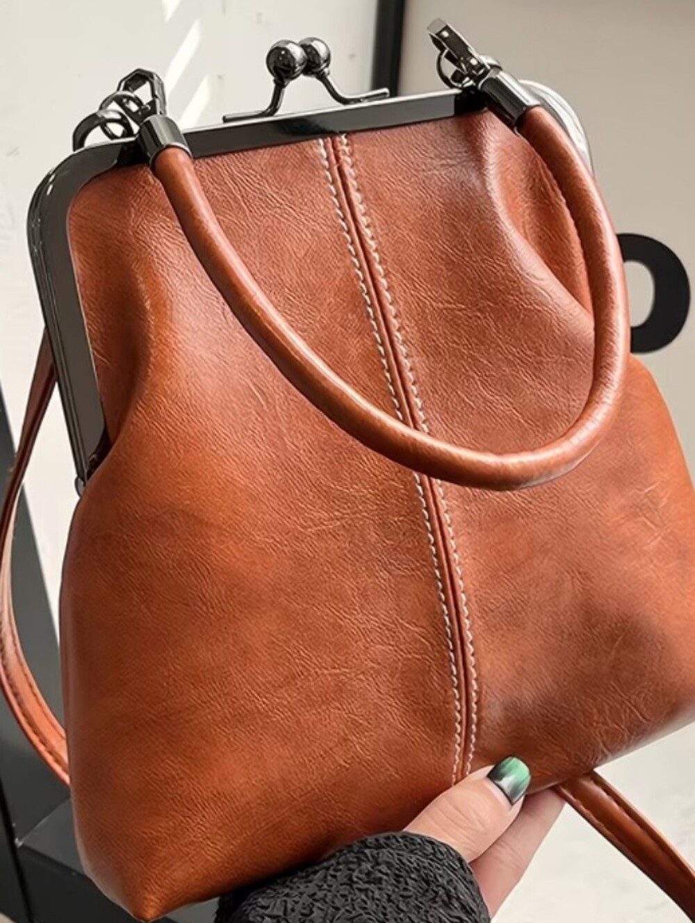 Classic Brown Faux Leather Frame Top-Handle/Cross Body Bag
